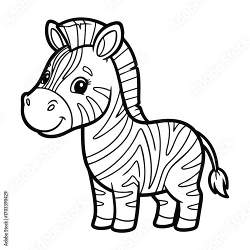 Cute cartoon zebra with big eyes and stripes standing and smiling in a simple black and white line art style