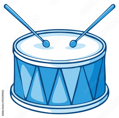 Cartoon drum with drumsticks for music performance or entertainment in flat vector style