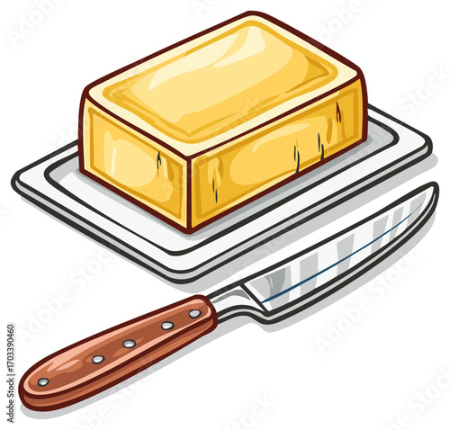 Golden block of butter on a white dish with a knife ready for spreading