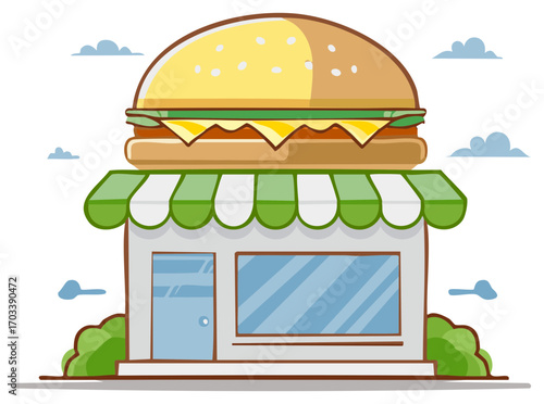 Cartoon style fast food restaurant building with a giant hamburger on its green striped awning