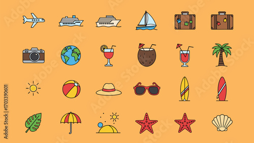 Collection of summer vacation and travel icons set vector cartoon illustrations, including beach elements and transport, available as eps and png files