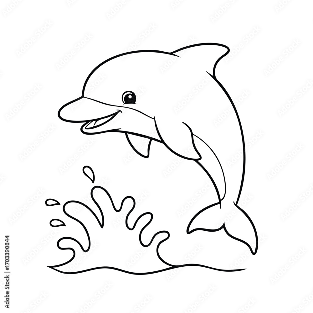 Fototapeta premium Black and white line drawing of a happy dolphin jumping out of water with splash in a simple cartoon style