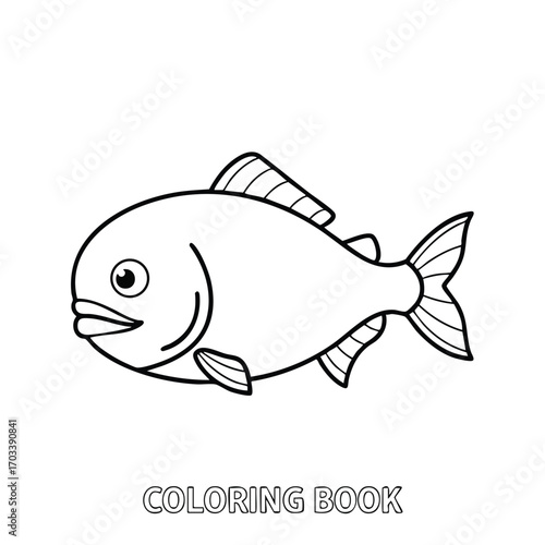 Simple black and white line drawing of a cartoon fish suitable for children's coloring books and educational activities