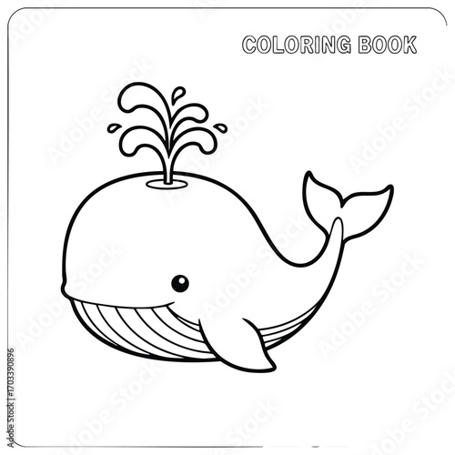 Cute cartoon whale with water spouting from blowhole in simple black and white coloring book style