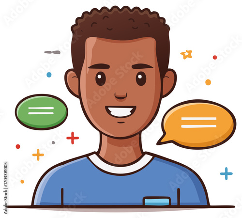 Animated African American Man with Speech Bubbles for Discussion or Messaging Concept