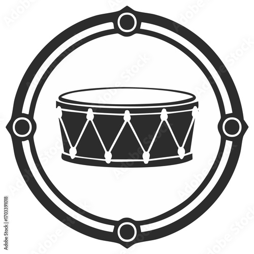 Classic Drum Icon in Ornate Circular Frame Black and White Graphic Design Element for Music and Celebration