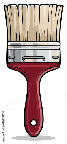 Paintbrush illustration with a red handle and tan bristles, ready for painting projects.