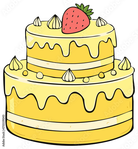 Festive two-tiered cake with vanilla drizzle, white cream peaks, and a fresh strawberry on top, ideal for celebrations.
