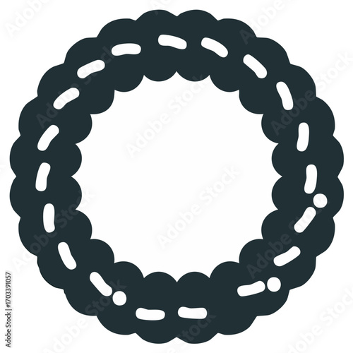 Dark circular illustration of a decorative wreath with dashed details