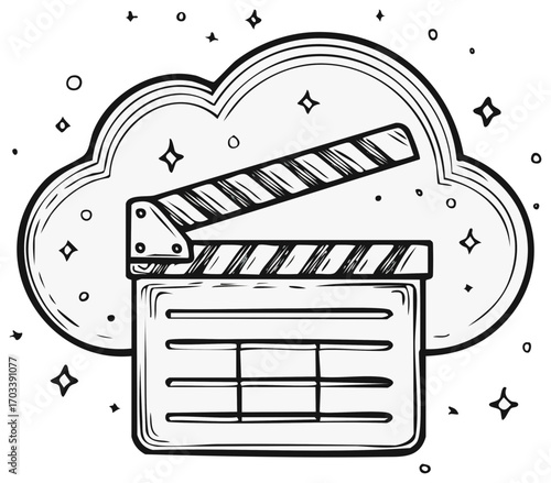 Doodle style film clapperboard in a cloud surrounded by stars and circles representing creativity and filmmaking