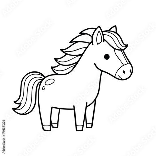Cute cartoon horse with flowing mane and tail in simple black and white line art style illustration