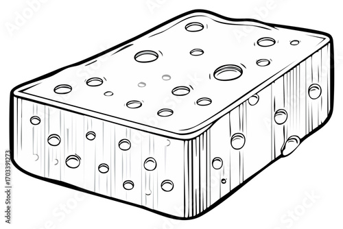 Black and white line drawing of a wedge of Swiss cheese with holes
