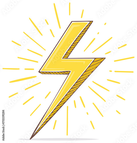 Vibrant yellow hand drawn lightning bolt radiating electric power and bright energy a dynamic symbol of speed and strength
