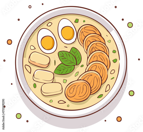 Overhead vector illustration of a hearty Asian soup with eggs, fish cake, and tofu