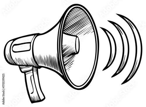 Hand drawn megaphone illustration with sound waves, announcement concept.