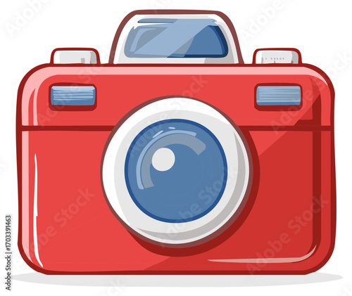 Cartoon Camera Illustration: Red Camera with Blue Lens, Photographic Equipment