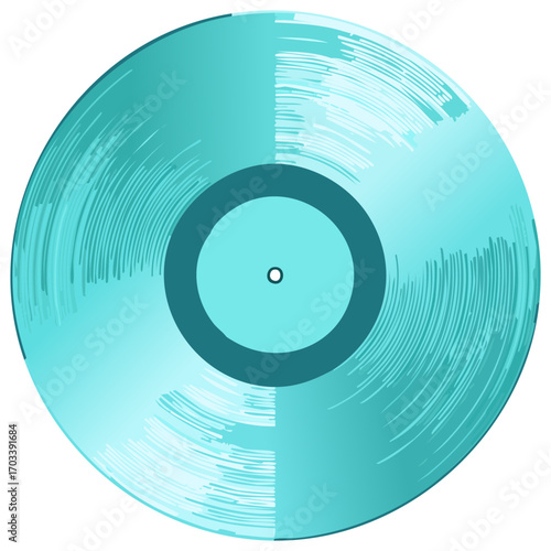 Turquoise vinyl record with grooves and center label, graphic illustration