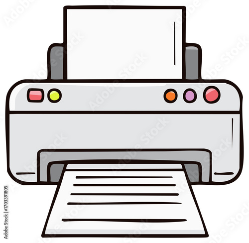 Paper emerging from a cartoon style printer, ready for printing, printing process illustrated with lights and paper ejection, office equipment