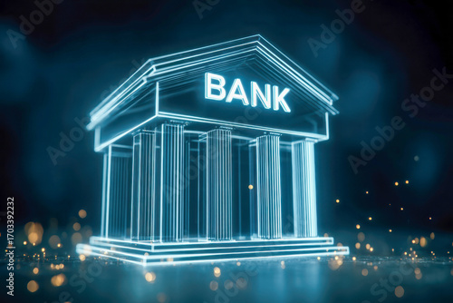 Glowing futuristic neon bank building with classical architecture surrounded by sparkling digital particles symbolizing modern finance and secure transactions