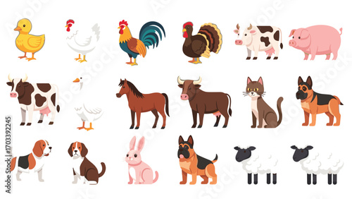Farm animals cartoon EPS PNG illustrations, vector graphics for various designs and projects, ideal for children's books and educational materials