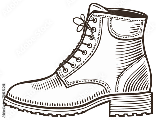 Detailed illustration of a vintage leather boot with laces and strong sole, drawing