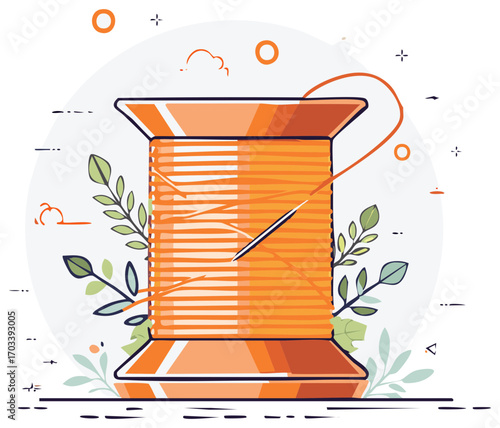 Spool of orange thread with sewing needle and leaves creative illustration