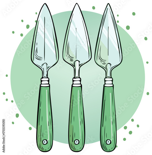 Set of three illustrated garden hand trowels with green handles for planting
