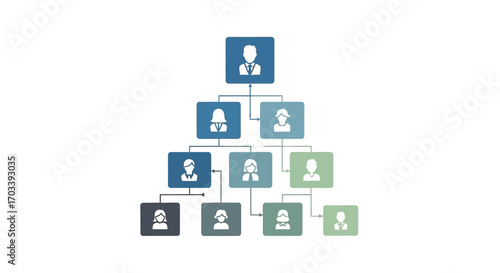 Hierarchical chart showing connections between individuals, represented by icons in blue and green squares, linked by lines, on a white background.