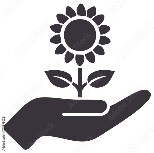 Hand Holding a Sunflower Silhouette Offering Growth and Support Conceptual Graphic