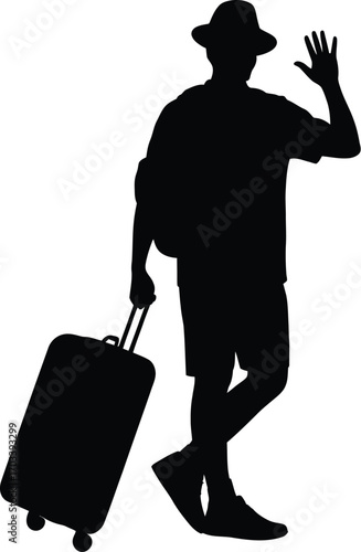 Black silhouette of a person with luggage waving vector