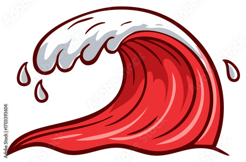 Stylized Red Ocean Wave with White Crest and Droplets