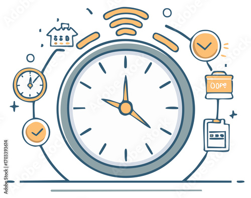 Doodle style alarm clock with icons representing time management and tasks