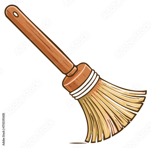 Illustration of a cartoon broom with a wooden handle and bristles.