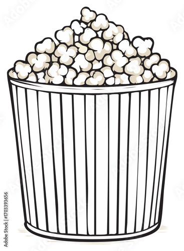 Hand drawn cartoon style illustration of a striped bucket overflowing with popcorn