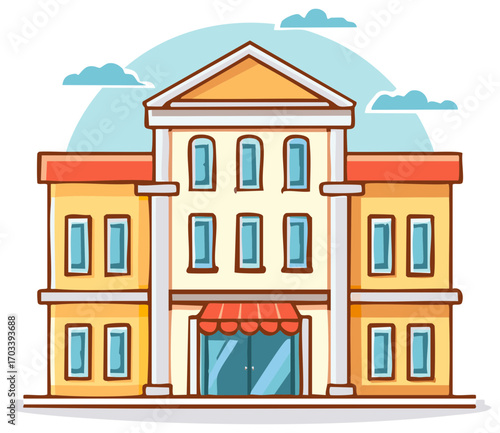 Cartoon Town Building with Red Awning and Blue Windows for Neighborhood Design