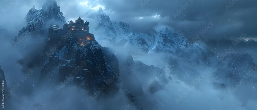 Fototapeta premium Ancient mountain fortress surrounded by winter mist high resolution picture