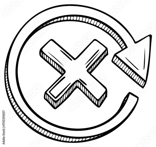 Sketch of X mark inside a circle with arrow for cancellation