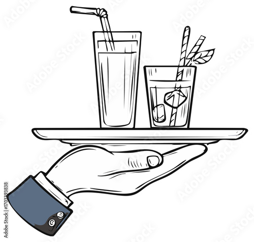 Hand holding tray with two refreshing beverages, one with ice and mint, professional service illustration