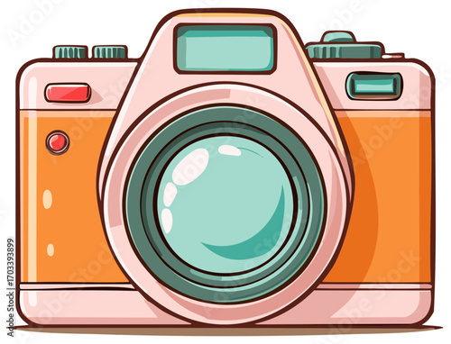 Retro Camera Illustration with Lens, Buttons and Display in Orange and Pink Aesthetic