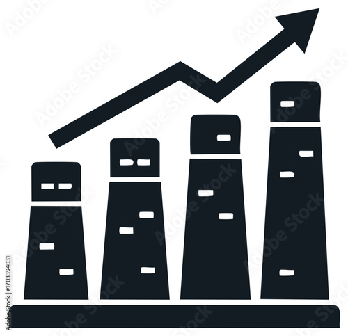 Stylized industrial factory towers with upward trending arrow indicating growth and progress