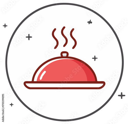 Illustration of a covered food platter with steam, suitable for restaurant or cooking themes