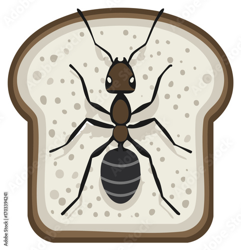 Ant on Slice of Bread Cartoon Illustration Insect on Toast
