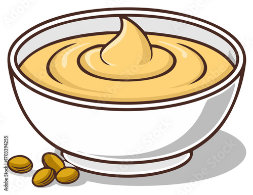 Creamy yellow spread or sauce in a white serving bowl with scattered legumes graphic