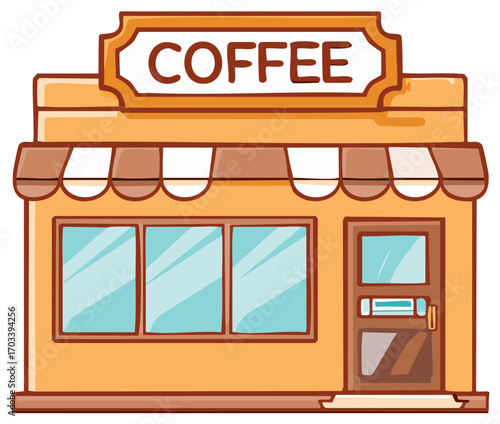 Charming cartoon coffee shop exterior with a prominent COFFEE sign and awnings