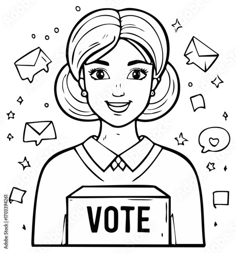 Illustration of a Voter Holding a Ballot Box with the Word Vote on It Surrounded by Envelopes and Stars
