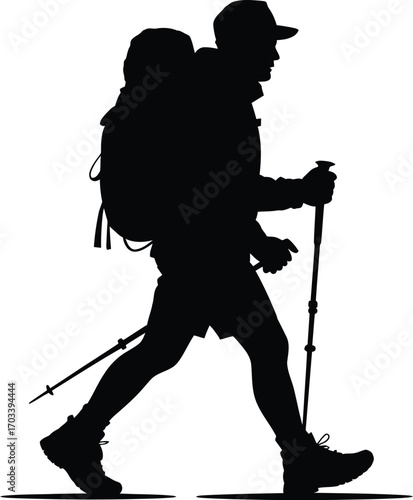 Silhouette hiker with backpack and poles trekking poles