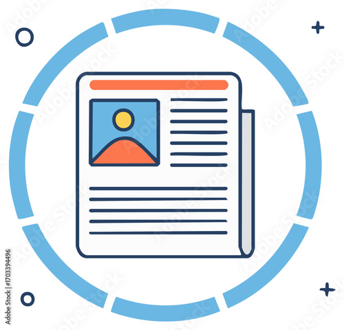 Stylized newspaper icon with circular segmented frame and graphic elements
