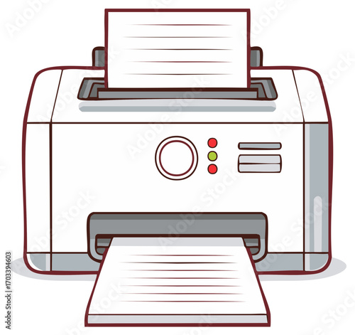 A simple illustrated office printer machine printing a paper document.