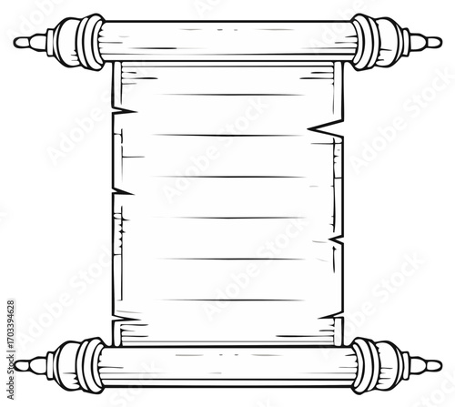 Antique Parchment Scroll with Wooden Handles Depicting a Vintage Styled Blank Document Template