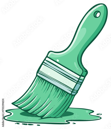 Green paint brush dipping into liquid green paint, vector illustration